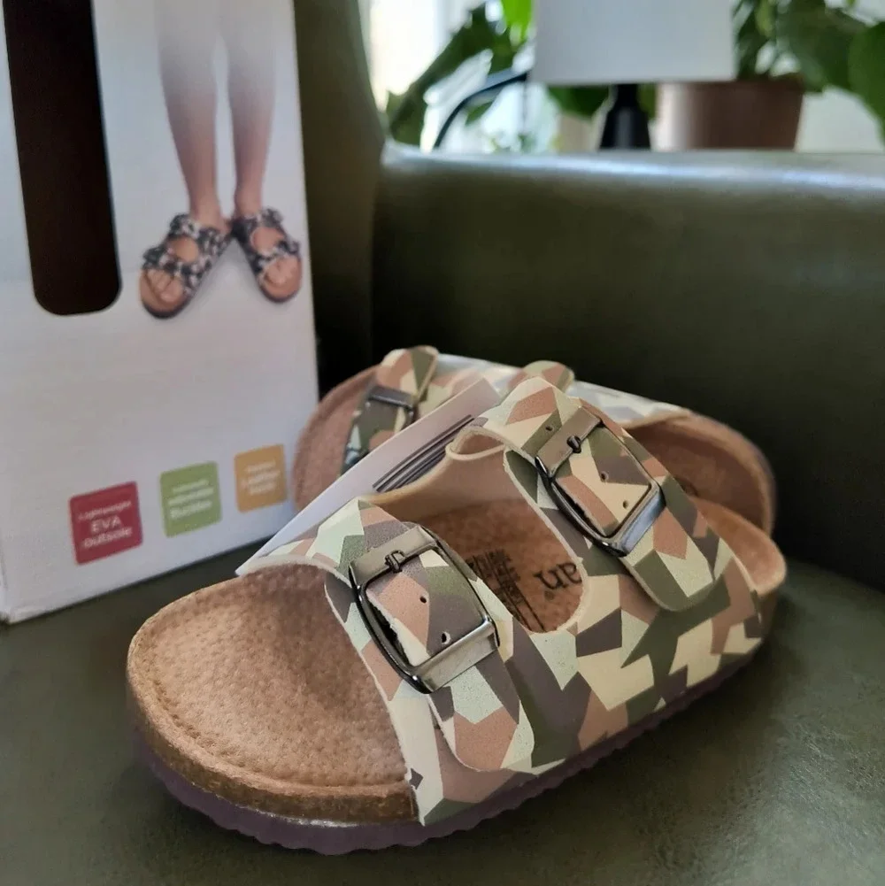 Cream tan brown green Birkenstock style sandals kids camouflage style pattern